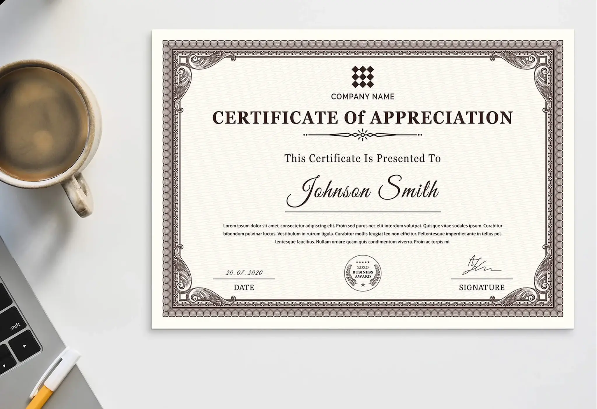 Certificate mockup 1, landscape orientation, A4 size